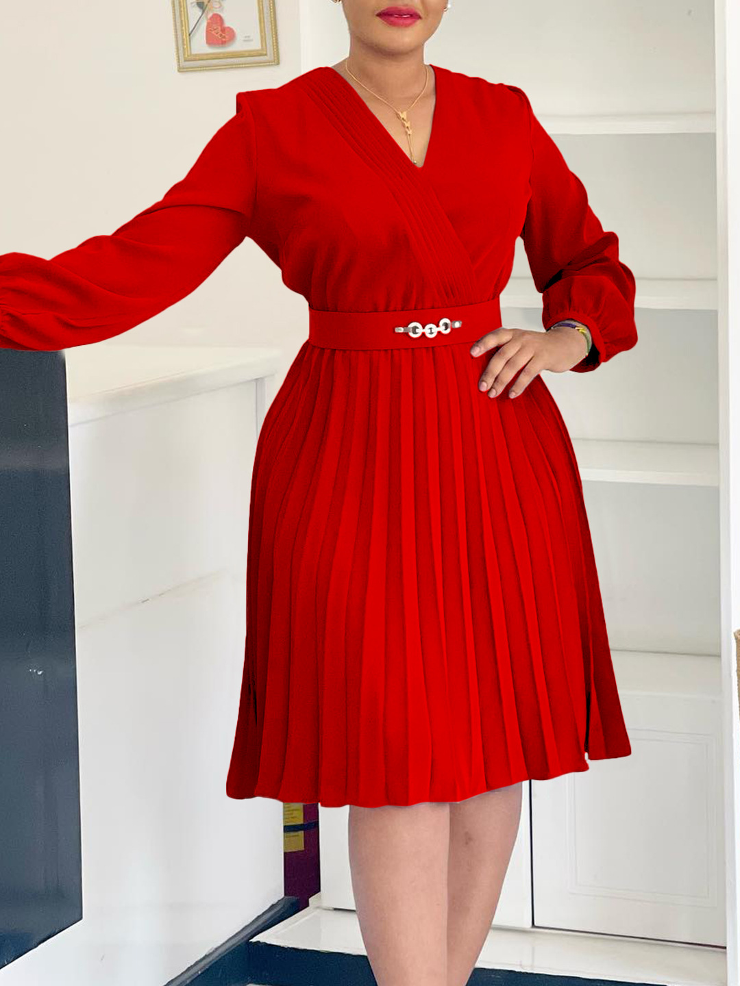 D3316 Europe and the United States cross-border 2025 spring new OL temperament v collar fashion pleated high waist foreign trade African dress