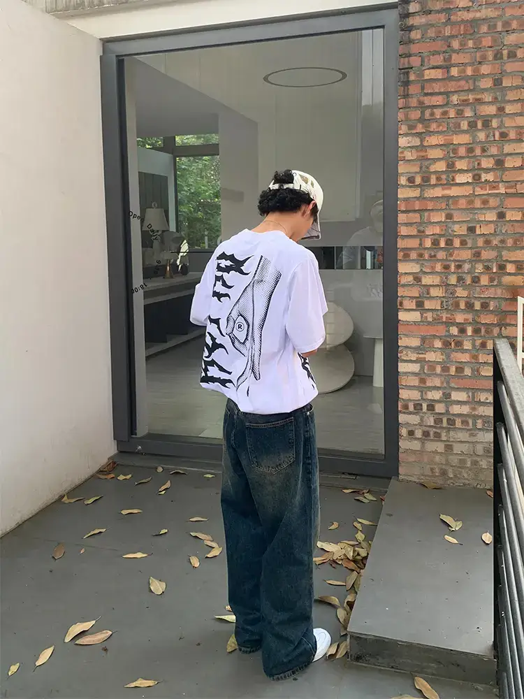 American Retro Cleanfit Jeans Washed Dark Blue Men's Loose Street Hip-Hop Skateboard Straight Pants Extended