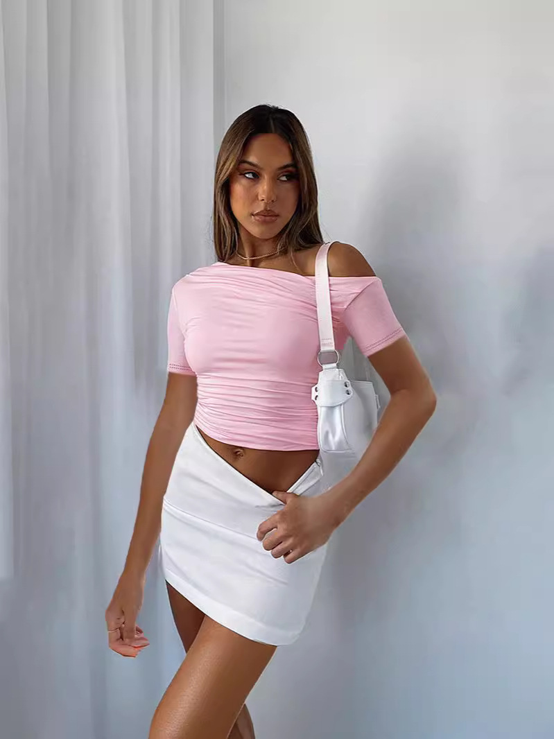 24 European and American Cross-Border Women's Clothing Spring and Summer Ins New Pure Color Slanted Shoulder Short-Sleeved Gathered Crop Top T-Shirt for Women
