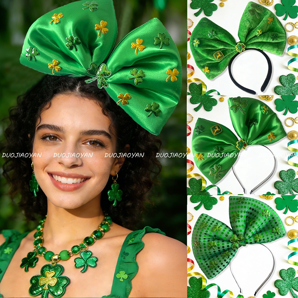 Cross-Border Irish Bow Headband Green Sequin Shamrock St. Patrick's Headwear Carnival Party Hair Accessory