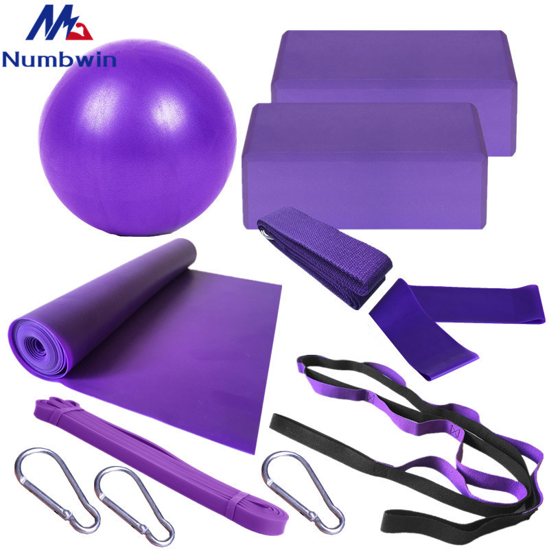 Yoga brick 11 piece set 25cm yoga ball latex towel stretch belt 2080 resistance ring 10 hole chrysanthemum rope yoga
