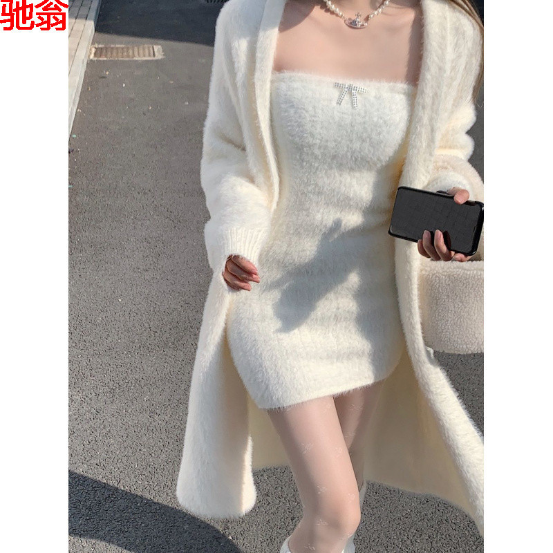 W9Q Dating Two-piece Dress Winter Sweet Age-reducing Pure Desire Plush Strapless Skirt Mink Fleece Cardigan Jacket