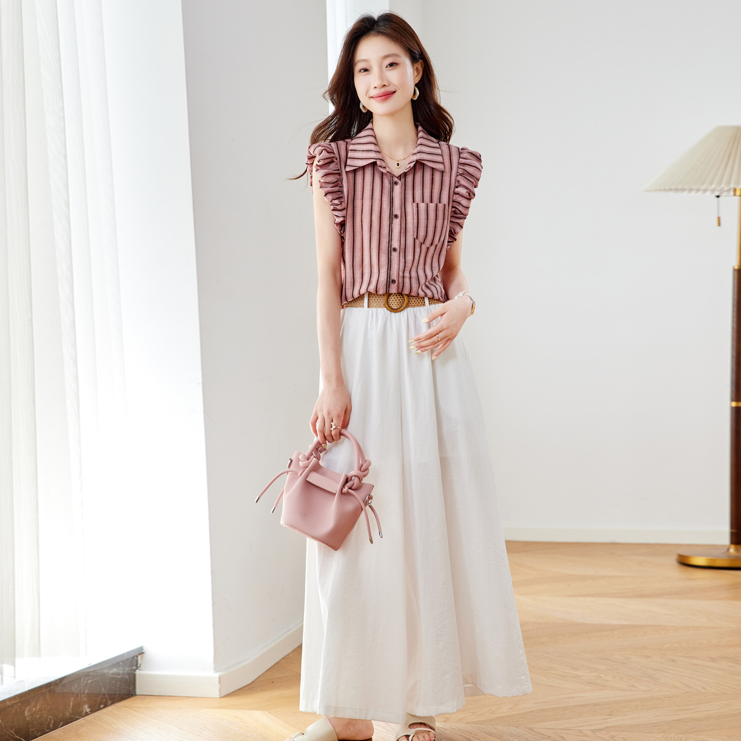 2025 Chiffon Striped Short-Sleeve Shirt Women Slimming Wide-Leg Skirt Pants Two-Piece Set Summer New Versatile Fashion Suit