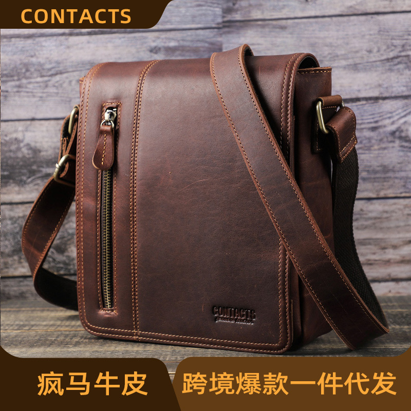 Black Angel Retro Crazy Horse Leather European and American Trendy Men's Shoulder Crossbody Bag Top Layer Cowhide Casual Men's Bag Cross-border Hair