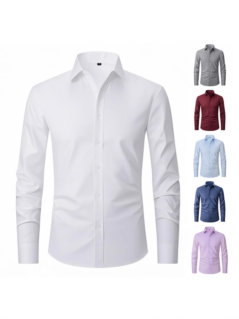 Cross-border men's shirt four-sided elastic non-ironing anti-wrinkle solid color men's top Amazon business casual white shirt