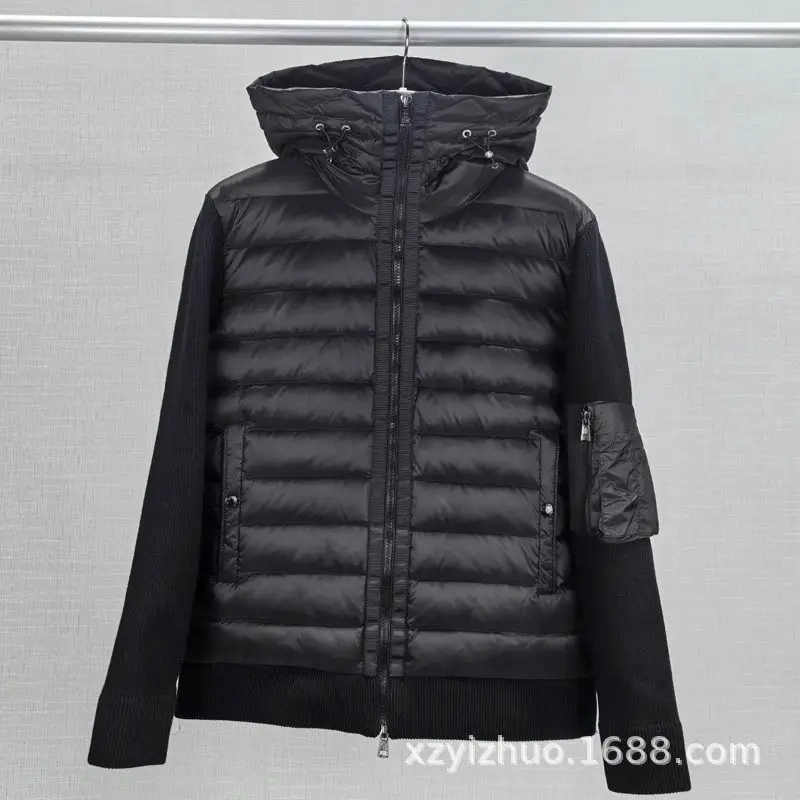 蒙秋冬针织开衫拼接羽绒服连帽拉链羊毛袖子短款羽绒服男薄款