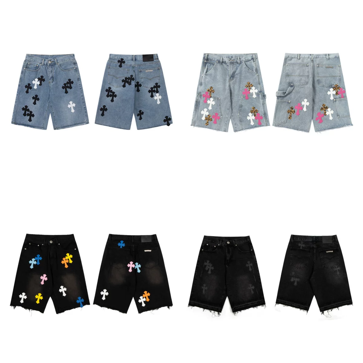 Trendy brand new unisex correct version cross sticker leather loose and comfortable versatile fashionable casual denim shorts