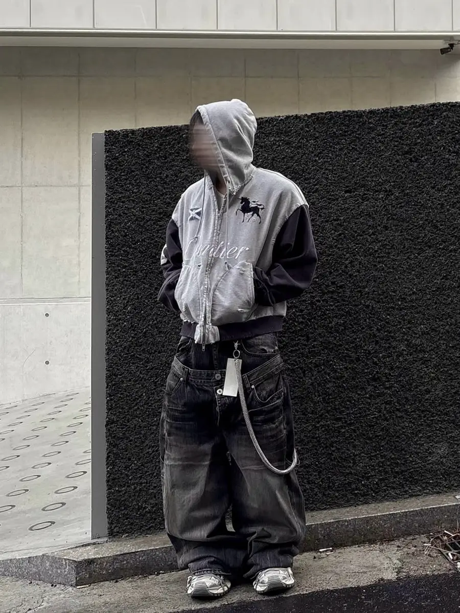 From the Street Comes from the Street Style, Washed, Distressed, Embroidered, Zip-Up Cardigan Hoodie Jacket