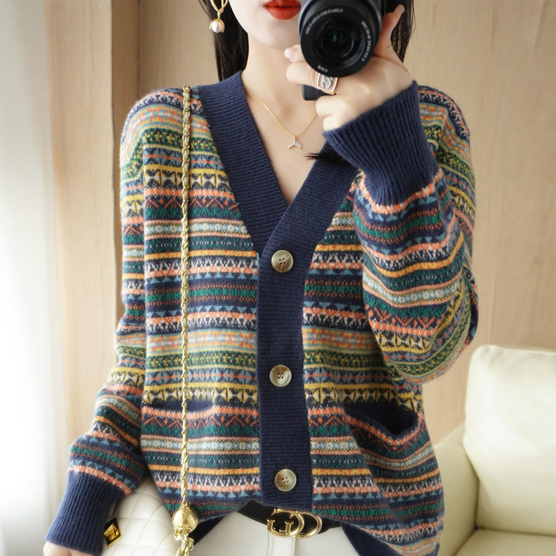 Heavy Lazy Vintage Color-block Small Fragrant Wool Cardigan Women's Loose Large Size Thickened Sweater V-neck Jacket