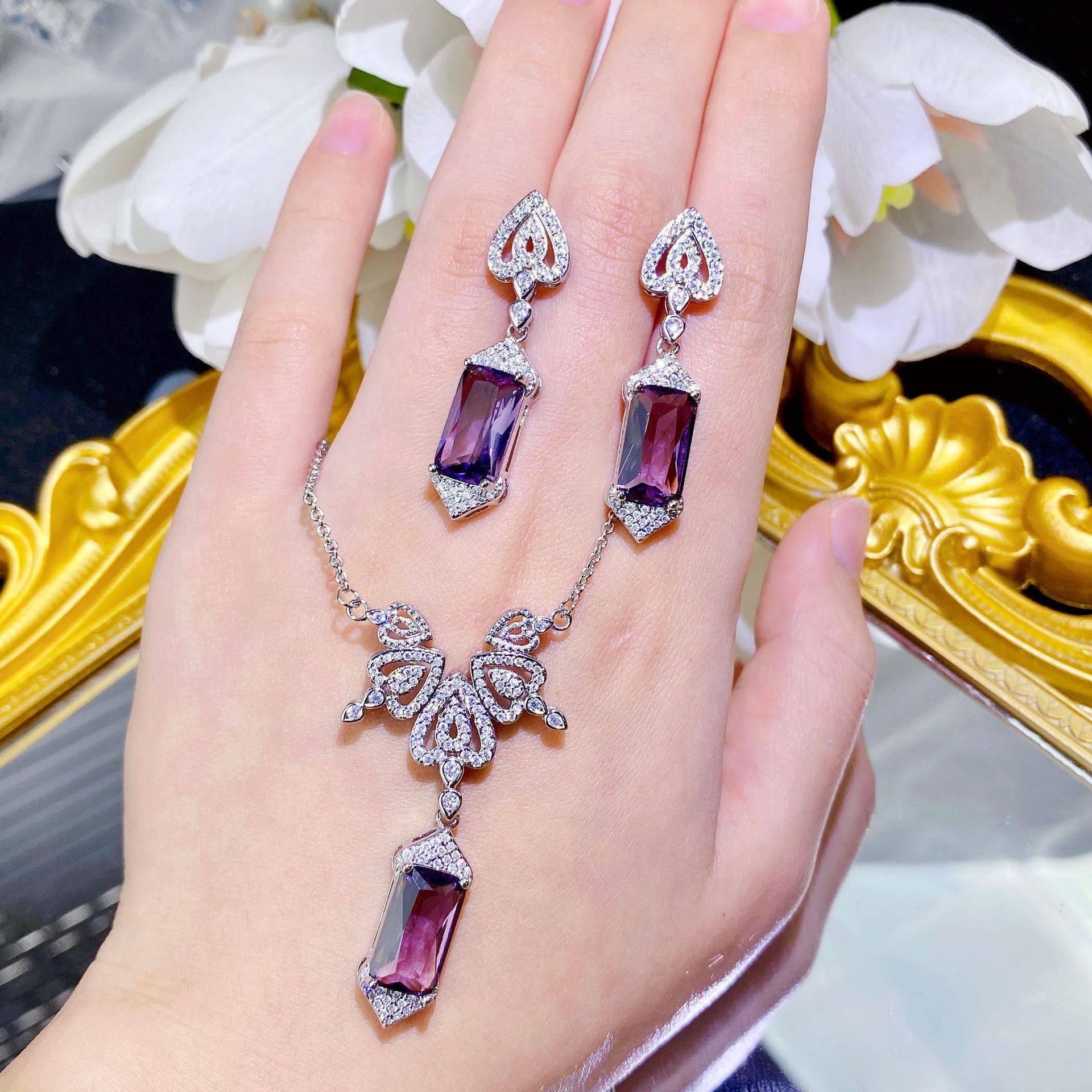 Internet Celebrity Same Style Gaoding Jewelry Designer's Purple Diamond Angel Wings Necklace Amethyst Angel Wings Earrings