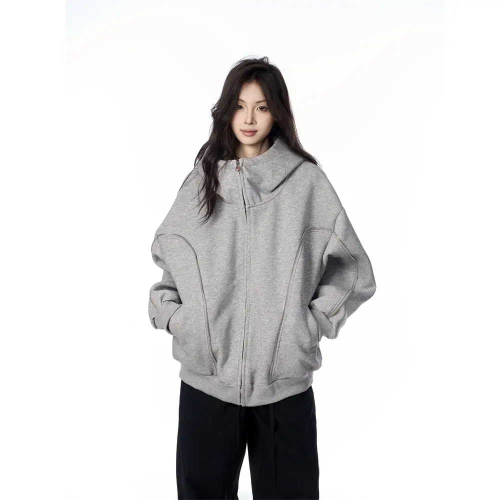 Onlpp2024 Fall and winter Styles American retro Zipper Design Gray Cardigan Sweatshirt Women Loose Hooded Outwear Trendy