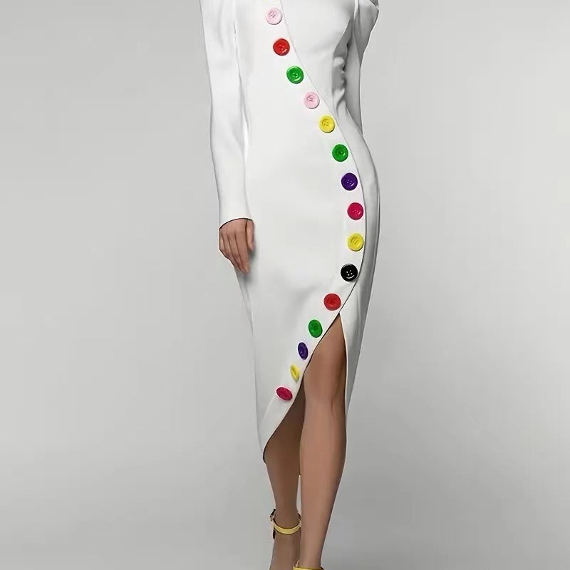 2025 Amazon Foreign Trade Women's Dress Buttons Irregular Tight Long Sleeve High Split Elegant dress Dress White