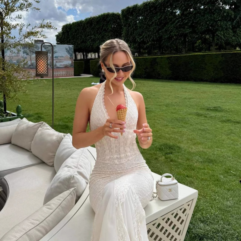 Summer New European and American Style Sexy Backless Slim-Fit V-Neck Elegant Halter Neck Cut-Out Women's Long Dress