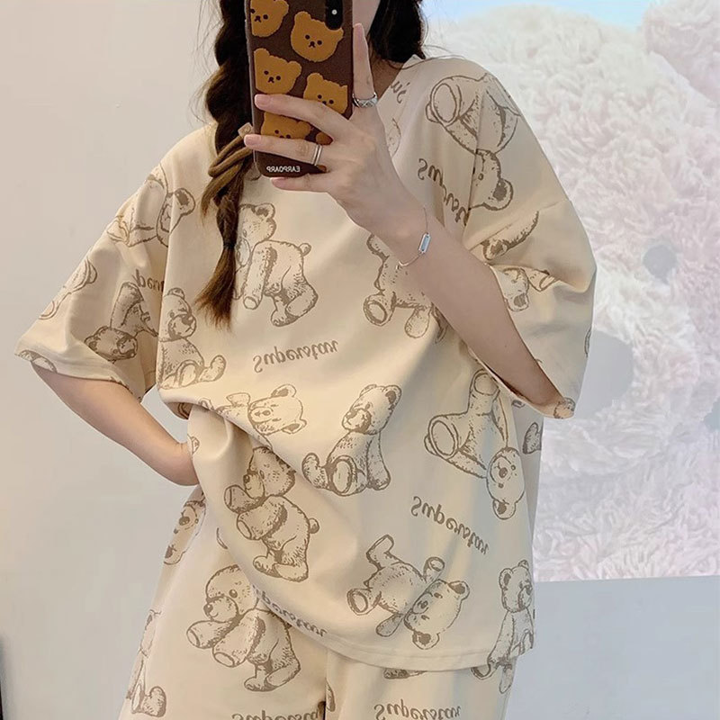 Summer Pure Cotton Pajamas for Women, Pullover Short-Sleeved Long Pants, Loose and Thin Style, Student Party Spring and Autumn Home Wear Set, Can Be Worn Outside