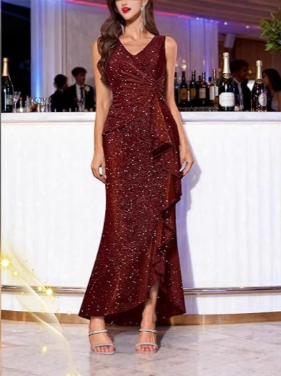 2026 New Sexy V-Neck Dress, Sequined Slit Evening Gown for Dinner Parties, Cross-Border European and American Amazon