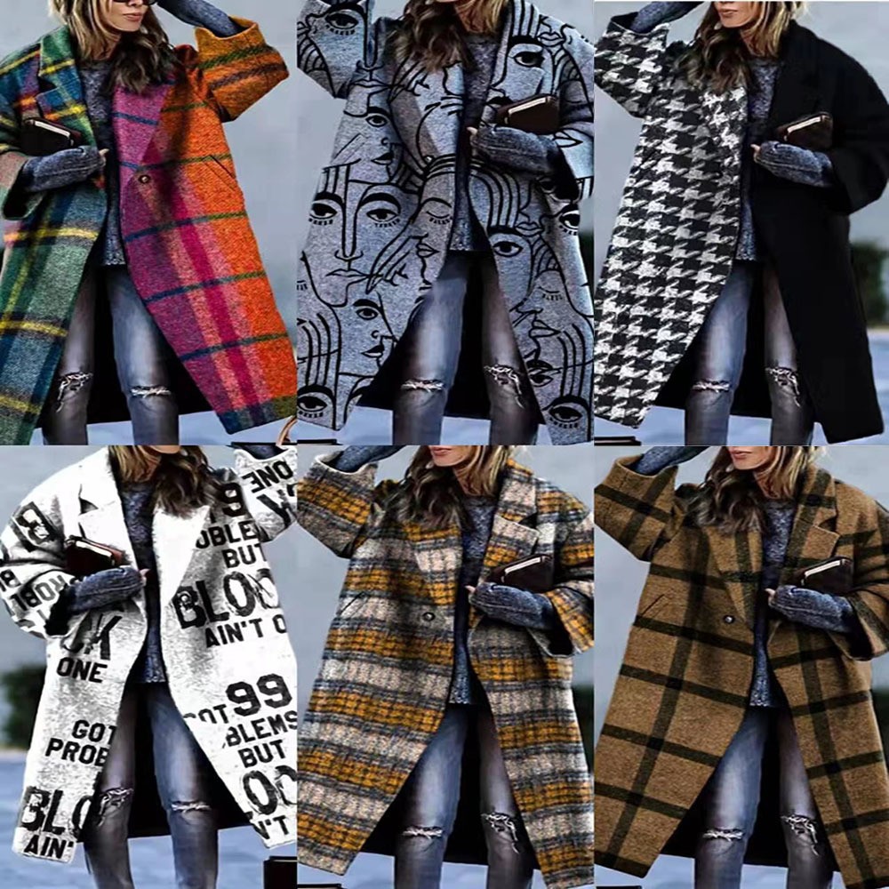 M8753 New 2025 European and American Autumn Cross-Border Women's Clothing Amazon Long-Sleeved Lapel Outwear Printed Woolen Long Outwear