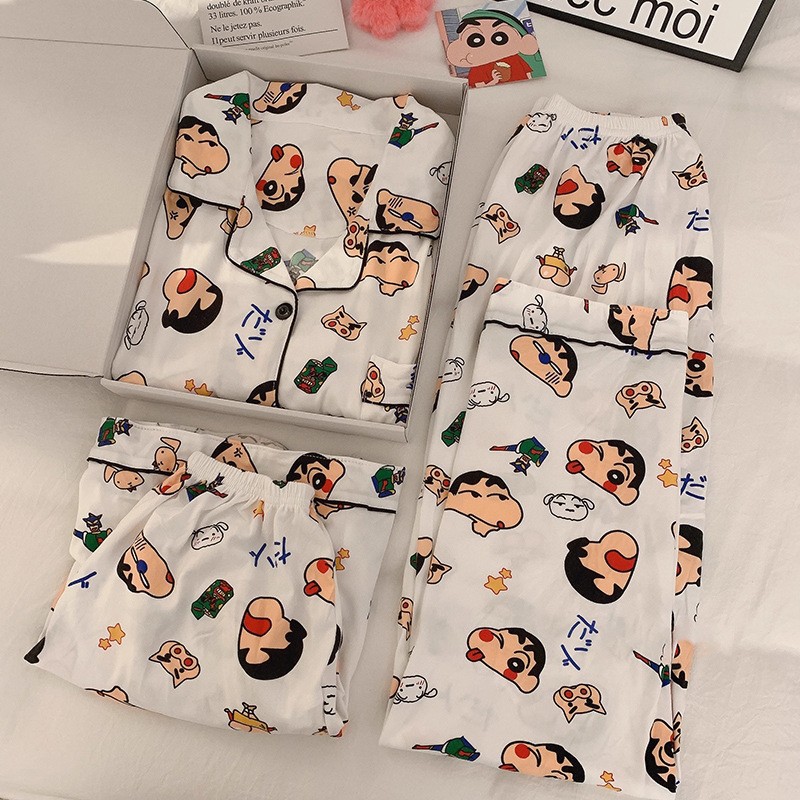 Cute Crayon Shin-Chan Pajamas for Women in Summer, Cute Cartoon Style Imitation Cotton, Comfortable and Loose-Fitting Home Clothes for Girls, Three-Piece Set