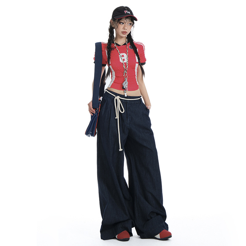 25Th Ootd!｜American-Style Original Cow Retro Draped Straight-Leg Loose Double-Pleated Wide-Leg Jeans with Drawstring