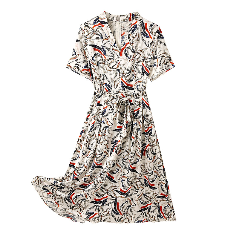Elegant High-end Design Silk Dress Printed Fashionable Korean Style Simple Elegant Mulberry Silk Slimming Skirt with Tight Waist