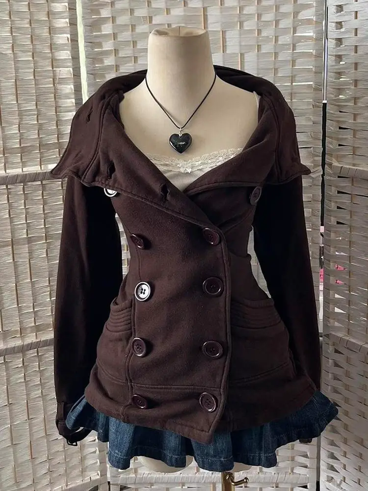 Peach Grape Soda Original Retro Brown Double-Breasted Short Jacket for Women, Autumn Slimming Design Hooded Jacket