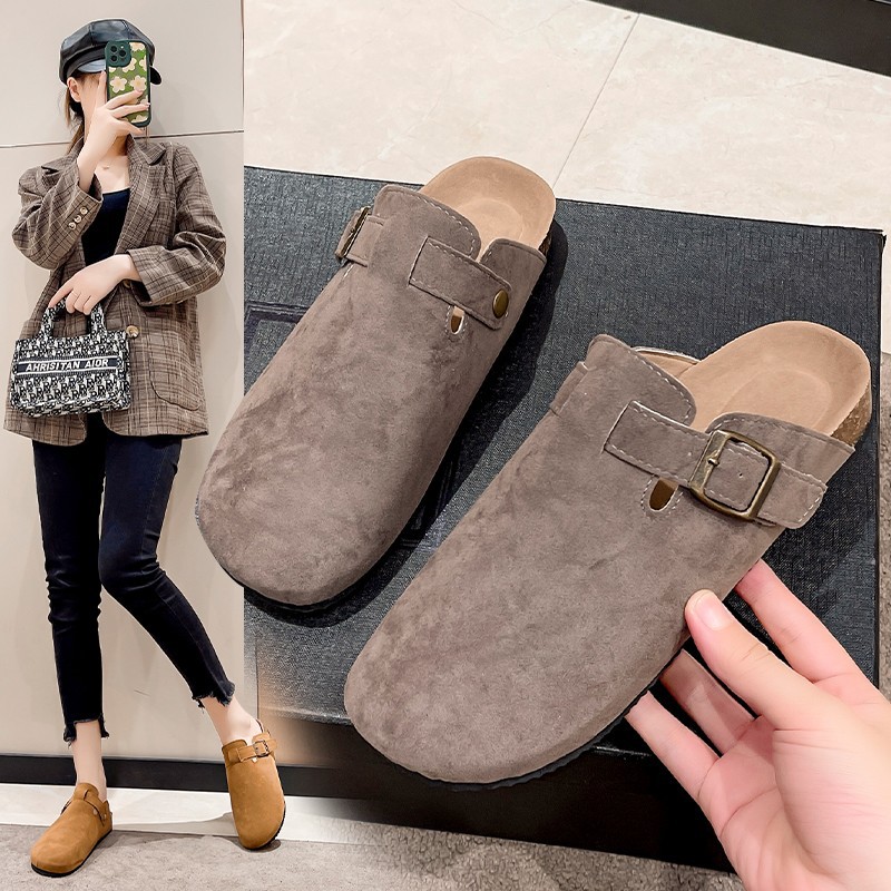 European and American Foreign Trade Toe Suede Flat Slippers Women's Summer Couples Cork Slippers Large Size Heelless Muller Shoes Amazon