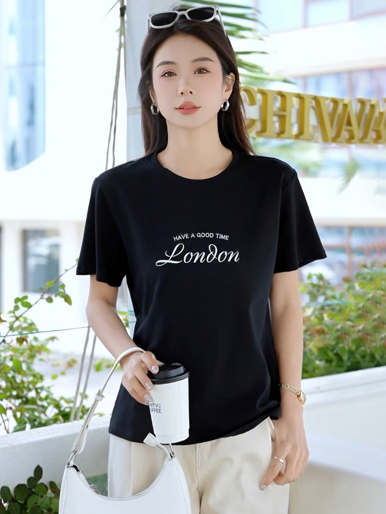 Solid Color Round Neck Letter Print Short-Sleeved T-Shirt for Women Summer Cotton Loose Slimming Versatile Half-Sleeved T-Shirt Top