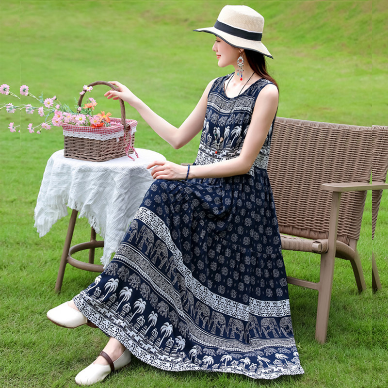 Seaside Vacation Cotton Silk Dress, Sleeveless Vest, Large Size Suspender Skirt, Elegant Long Skirt, Beach Skirt