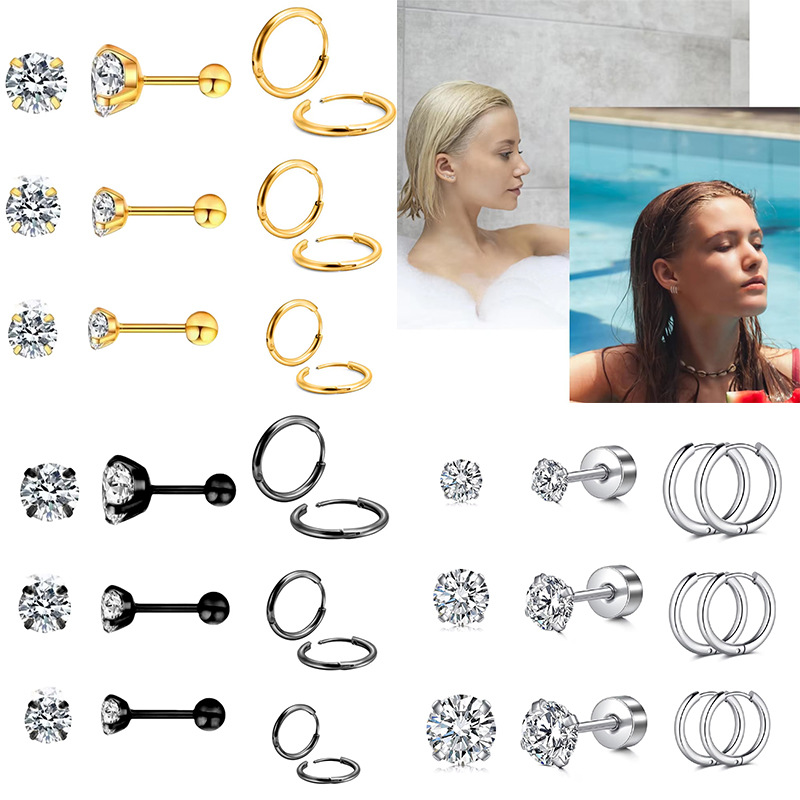 Stainless Steel Fashion Ear Stud Personalized Micro-inlaid Exquisite Zircon Plane Earrings Nose Ring Pierced Combination suit