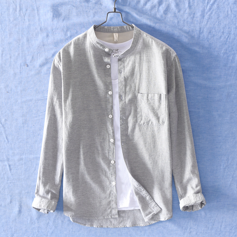 753 Japanese Simple Oxford Textile Breathable Shirt Men's Cotton and Linen Casual Collar Long Sleeve Shirt Men's One-Piece Hair