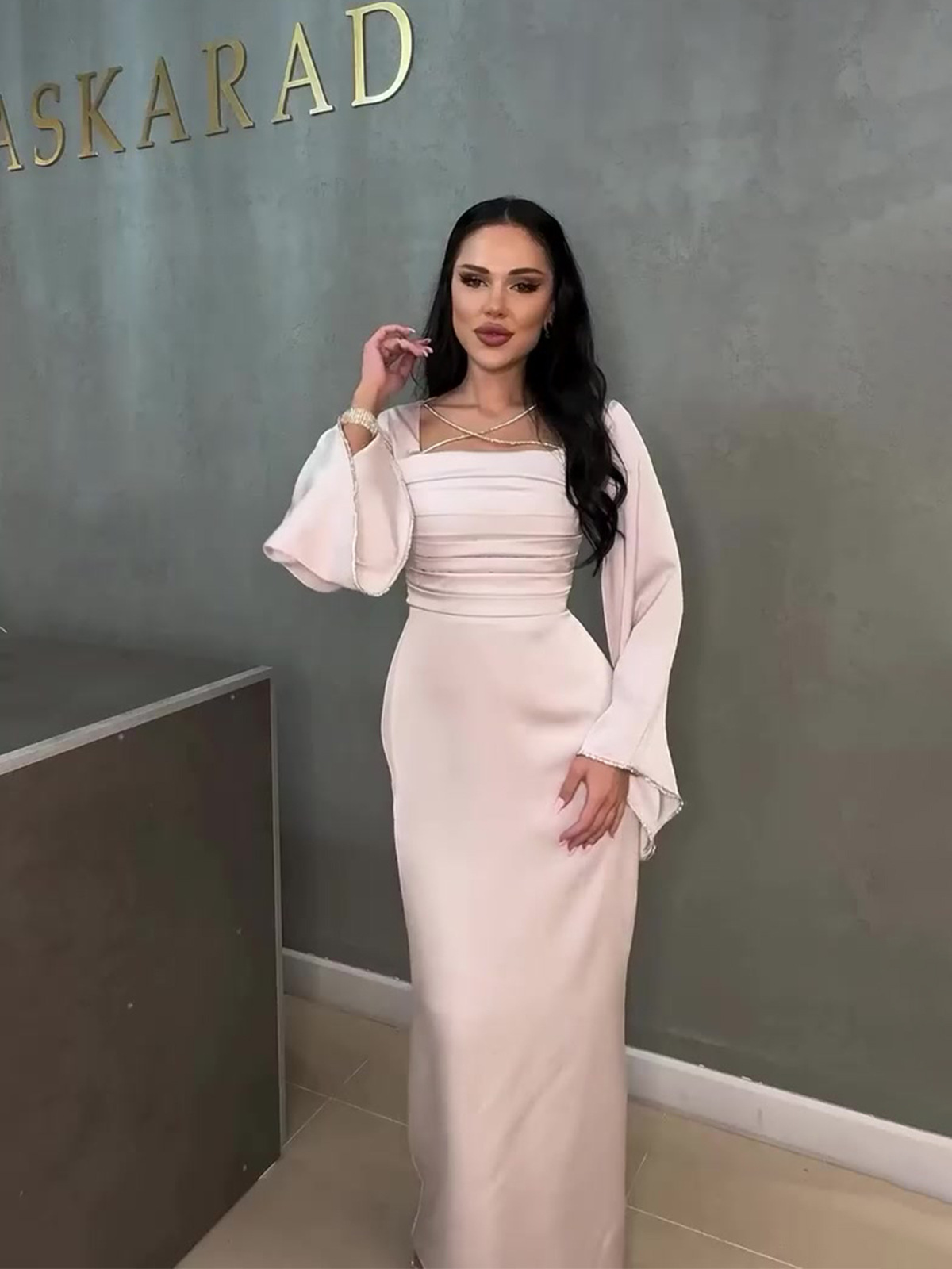 Amazon European and American Cross-Border 2026 Autumn New Slim-Fit Rhinestone Strap Long-Sleeve Satin Slim-Fit Dress for Women