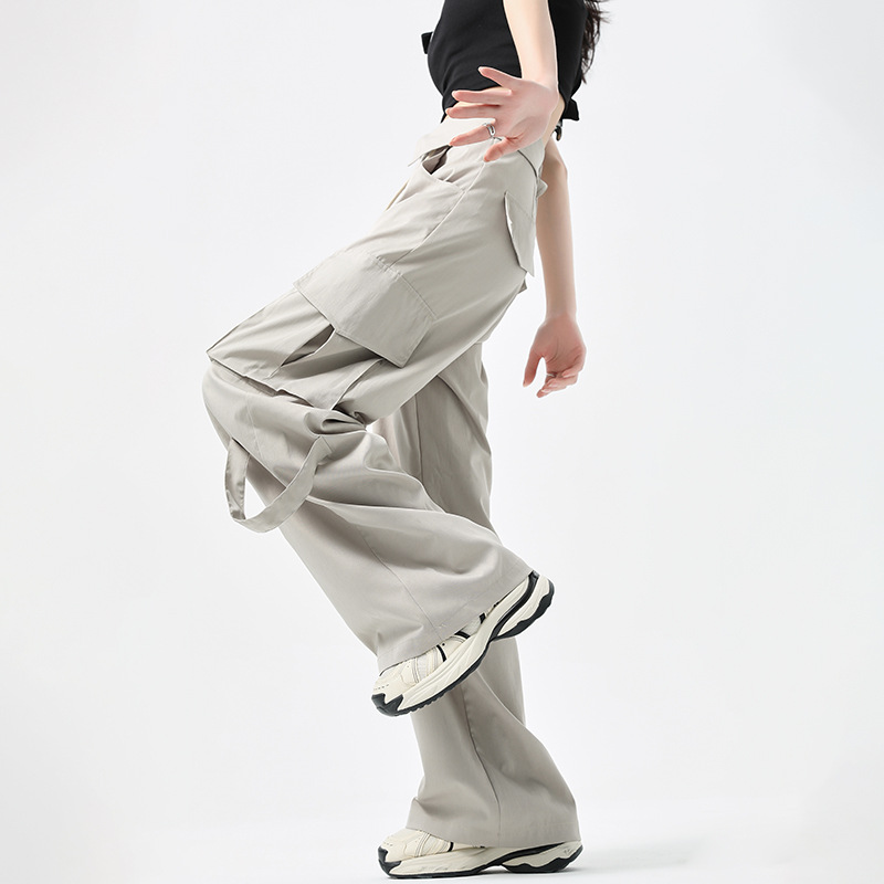 Khaki Quick-Dry Work Pants for Women, Spring Thin Style, 2026 New High-Waisted Loose Straight-Leg Casual Parachute Hiking Wide-Leg Pants