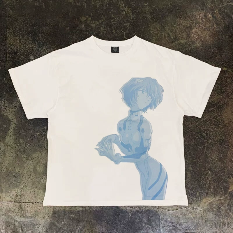 American style retro EVA New Century Gospel Warrior Ayanami short sleeved T-shirt for men and women, digital spray half sleeve trendy