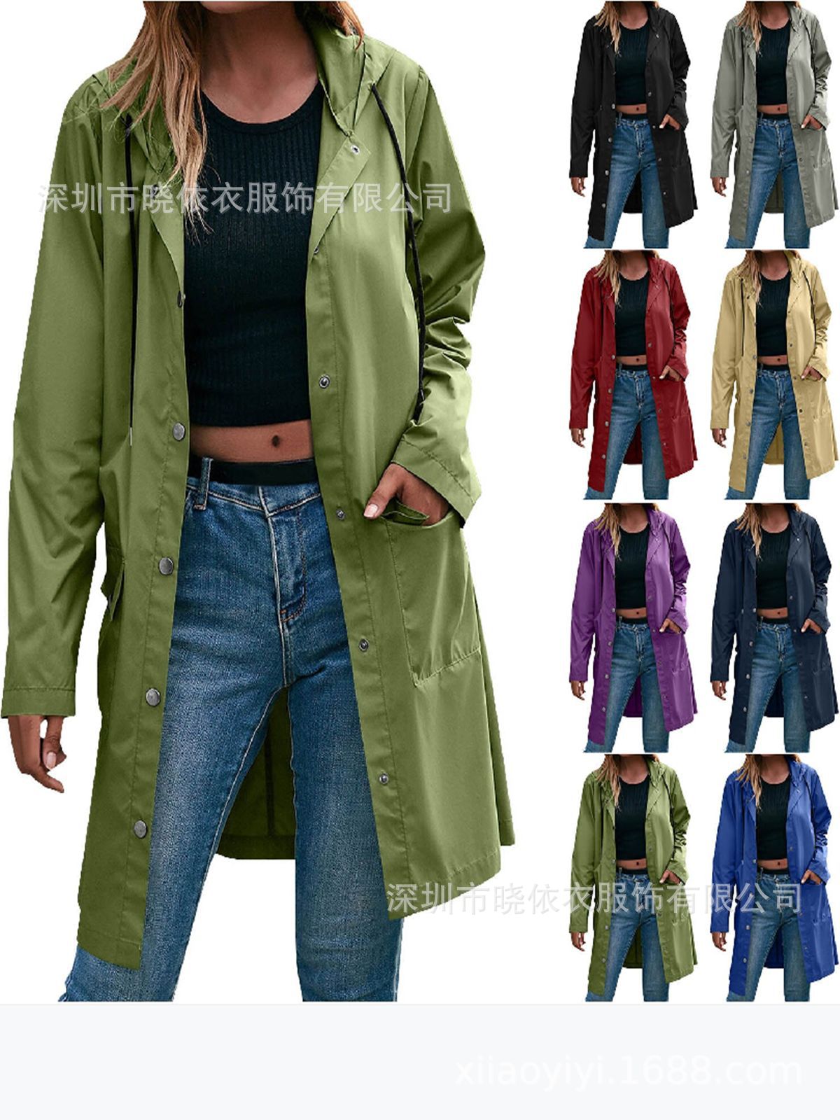 Amazon Cross-Border European and American Foreign Trade New Women's Casual Windbreaker Hooded Jacket Long Rainproof Thickened Raincoat
