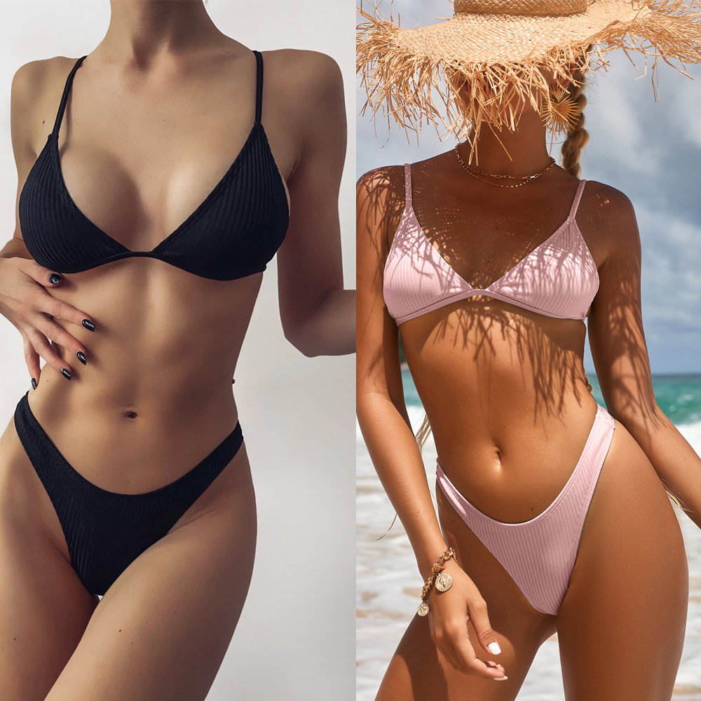 Cross-Border European and American Foreign Trade Solid Color Pit Strip Three-Point Basic Bikini Sexy Swimsuit Factory Swimwear Low Price Wholesale