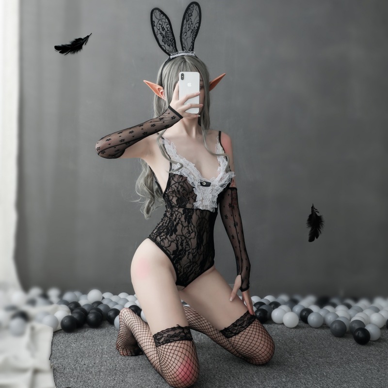 Sexy Lingerie Foreign Trade Large Size Women's Lace Open Bunny See-through Black Suit Clothing Temptation