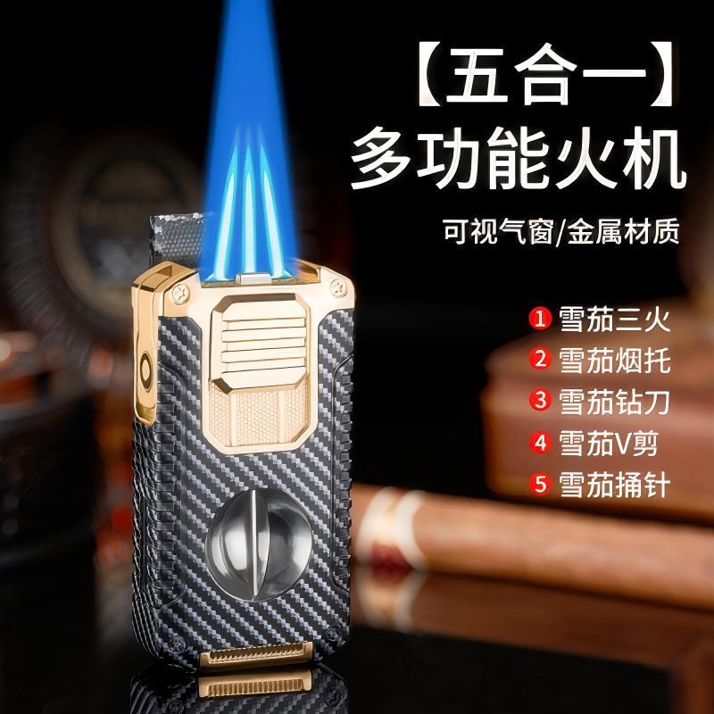 Cross-Border Cigar Cutter Lighter, Portable Multi-Functional Metal Lighter, Creative Three-Flame Direct Jet Lighter, New Model