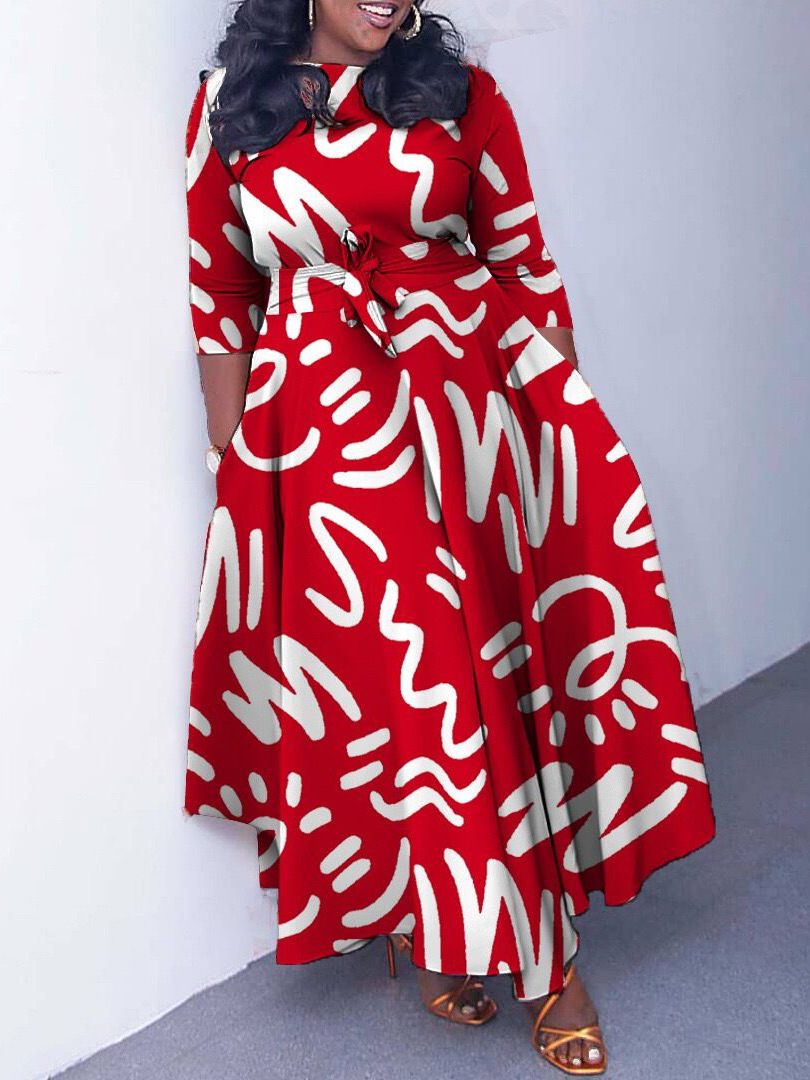Amazon women's clothing 2024 spring new fashion elegant temperament printed lace-up large skirt plus size foreign trade dress