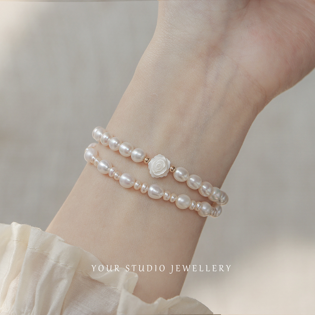 Badu Niche Design Homemade Strong Light Natural Pearl Camellia Bracelet Ins Bracelet Elastic Rope Bestie Bracelet