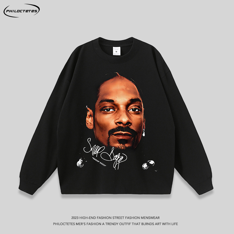 American hiphop rap portrait print distressed washed long-sleeved t-shirt men's and women's hip hop casual base tee cross-border