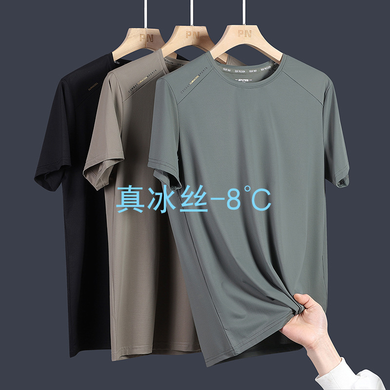 Ice Silk Short-Sleeved T-Shirt Men's Summer Thin Round Neck Half-Sleeved Bottoming Shirt Quick-Drying Sports Casual Men's Classy Top