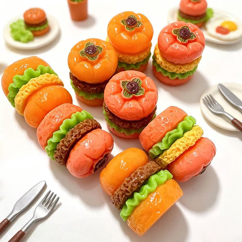Simulated 3D Persimmon Burger Miniature Food Toy Resin Accessories DIY Cream Glue Keychain Car Decoration