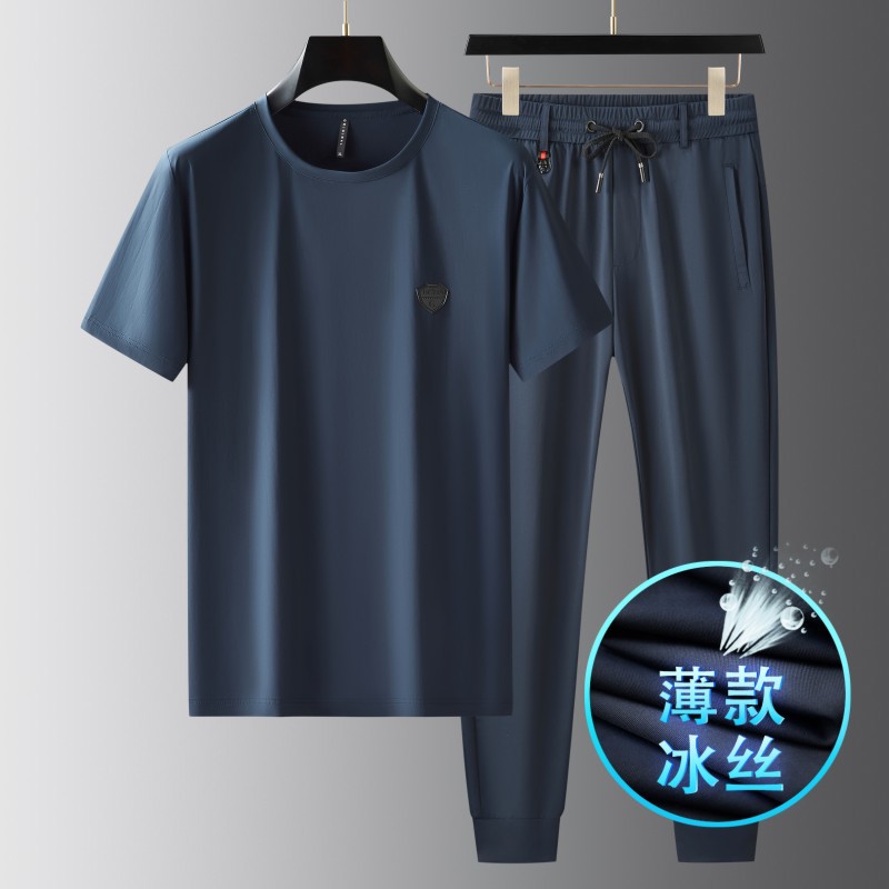 Ice Silk Men's Sports suit Summer Ultra-thin Short-sleeved Sports suit Men's Casual Pants Two-piece T-shirt 81