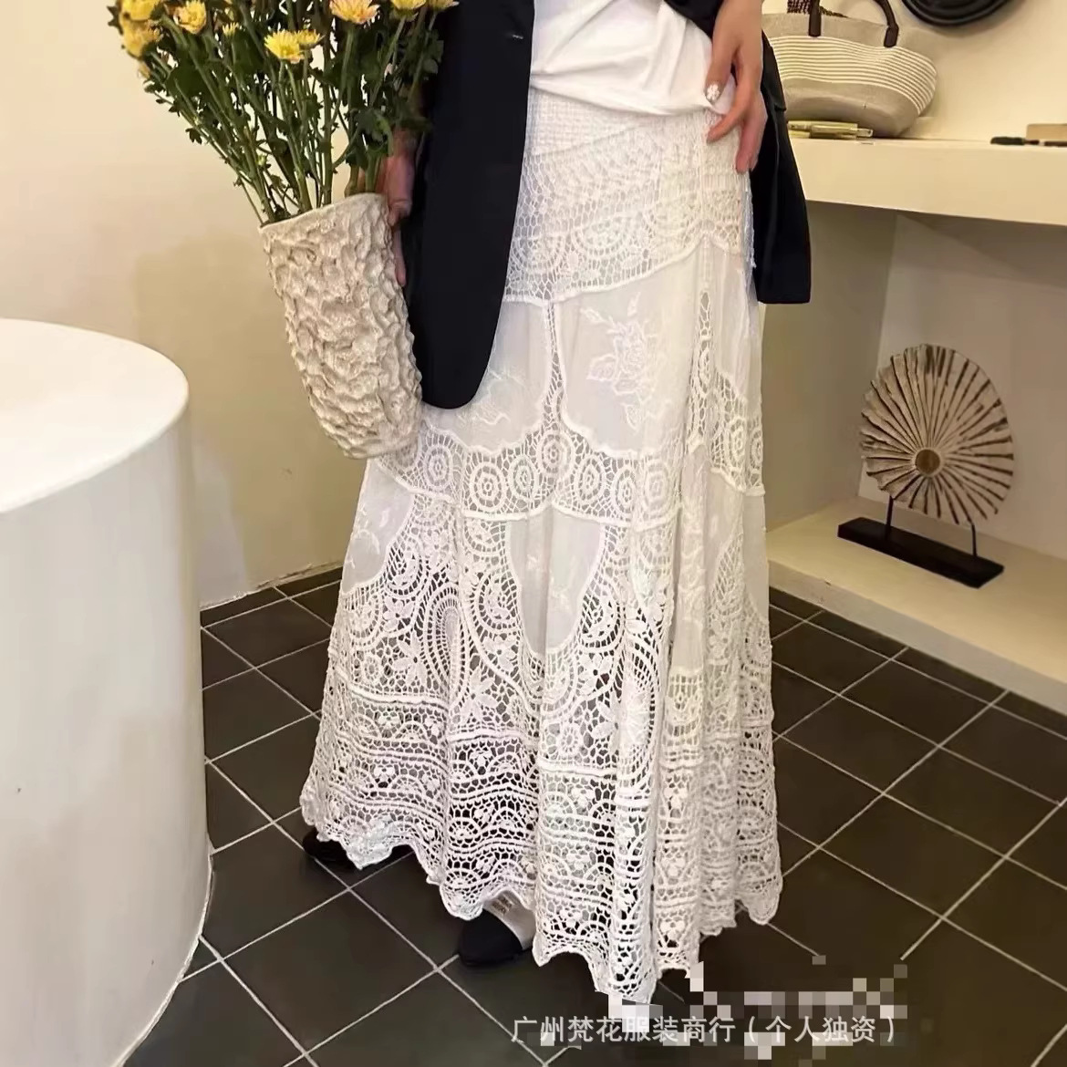 Bohemian Style Sweet Lace Hollow-Out Solid Color Pure Cotton Embroidered Skirt, Spring Holiday Flared Skirt, A-Line Half Skirt