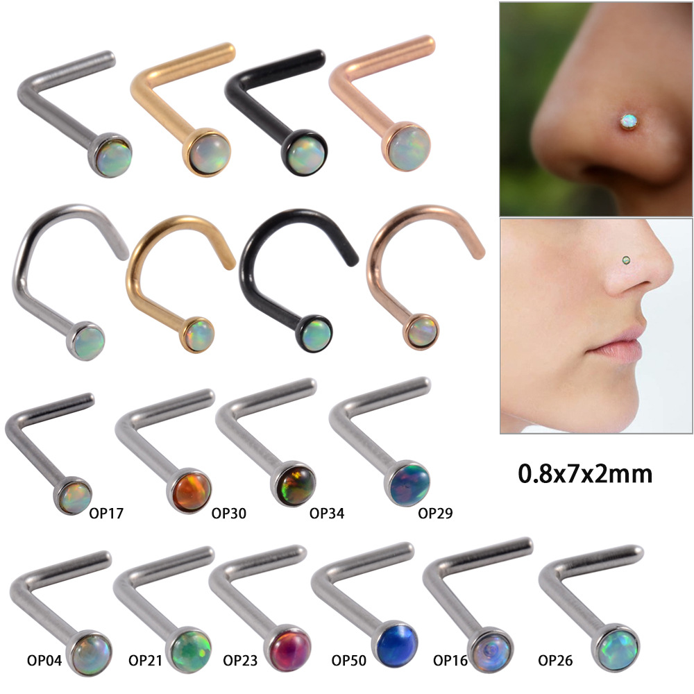Cross-Border Stainless Steel Opal Nose Nails Multi-Color L-Shaped Curved Rod Opal Nose Ring S-Shaped Electroplated Opal Nose Nail Jewelry