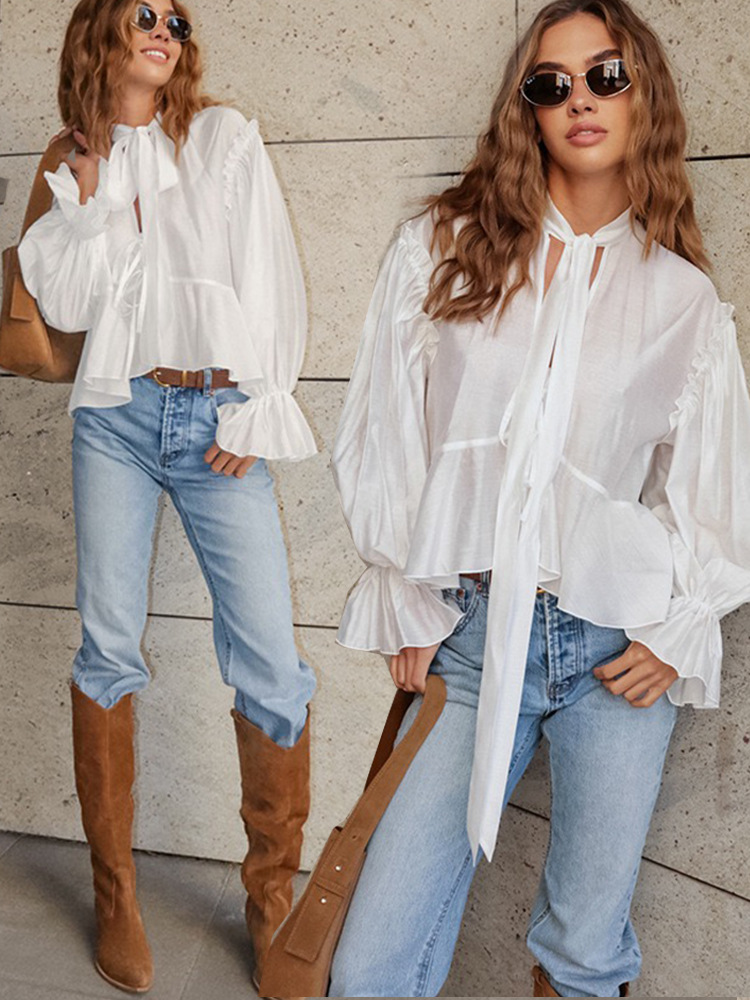 2026 French-Style Autumn Bell-Sleeve Loose Lace-Up Fashionable Commuter Shirt, European and American Cross-Border Best-Selling Design Top