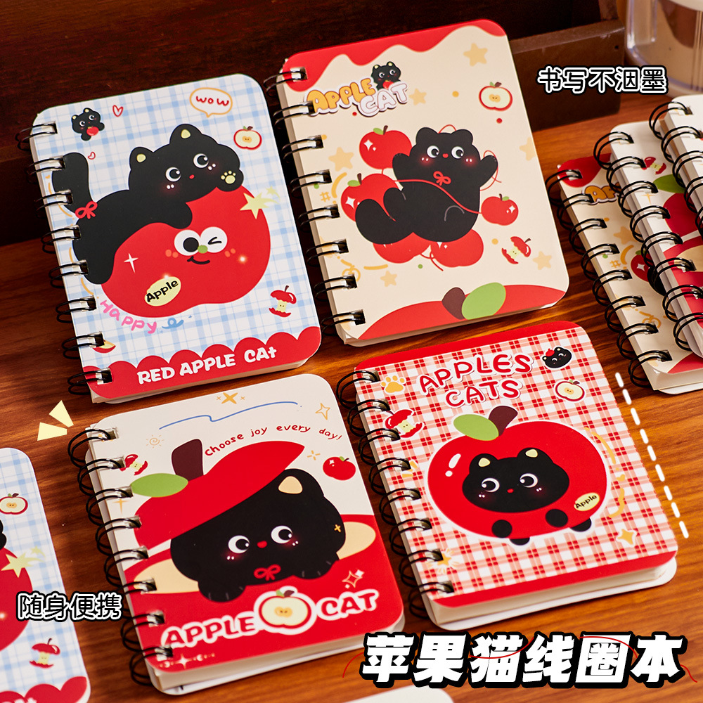 Cartoon Apple Cat Spiral Notebook Student High-Quality A7 Cute Pocket Spiral Notebook Stationery Wholesale