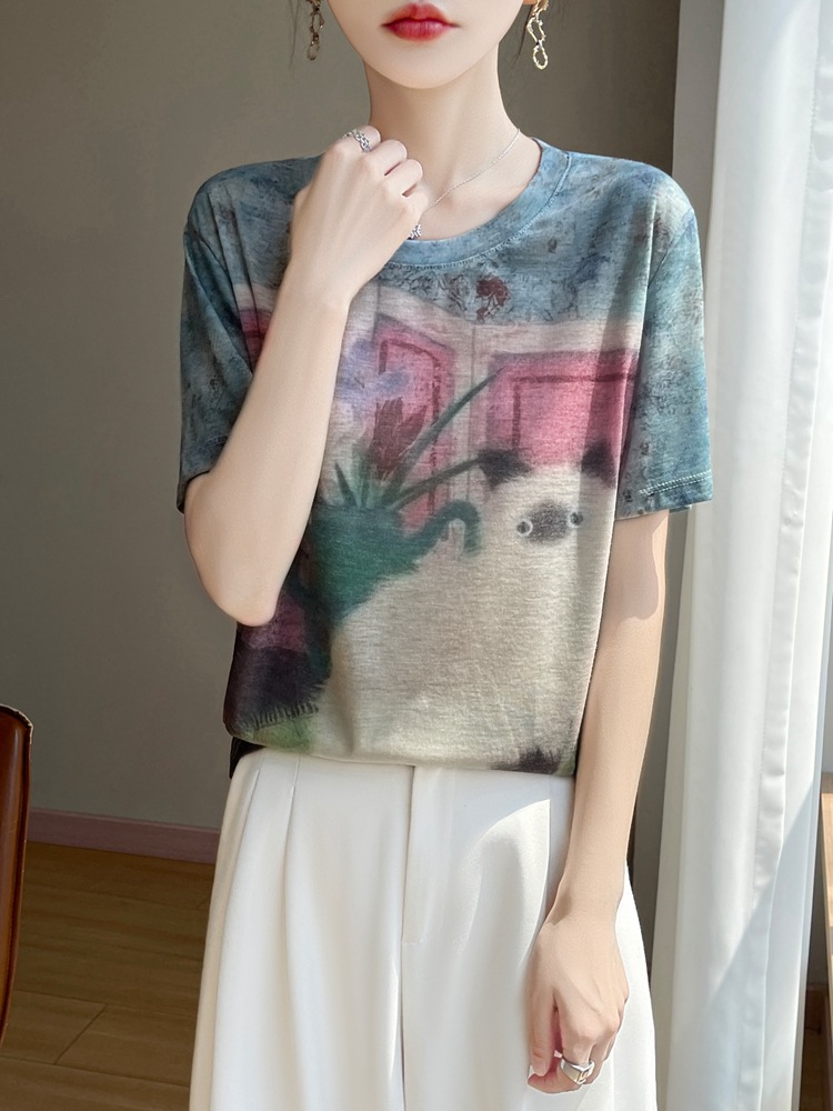 New Style Painted Cat Round Neck Short-Sleeved Women's Hand-Painted Artistic Print T-Shirt Loose and Comfortable Top Wholesale