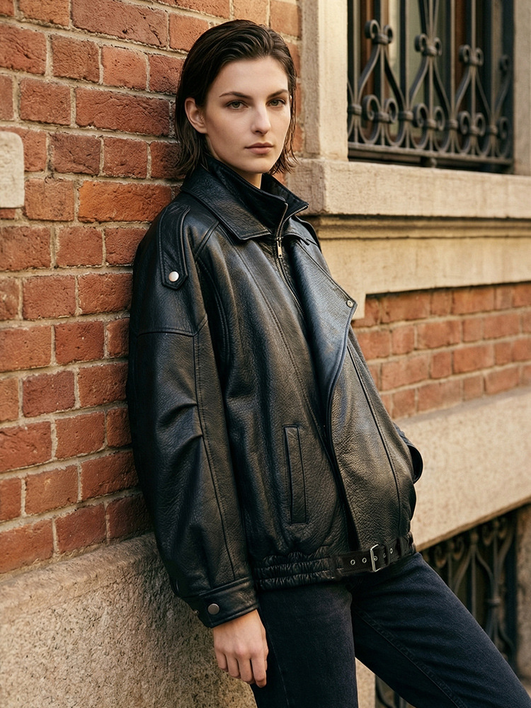 Vintage Distressed Black Leather Jacket for Women, New Spring and Autumn Style, Loose Fit Biker Jacket with Slimming Belt, Genuine Leather Coat