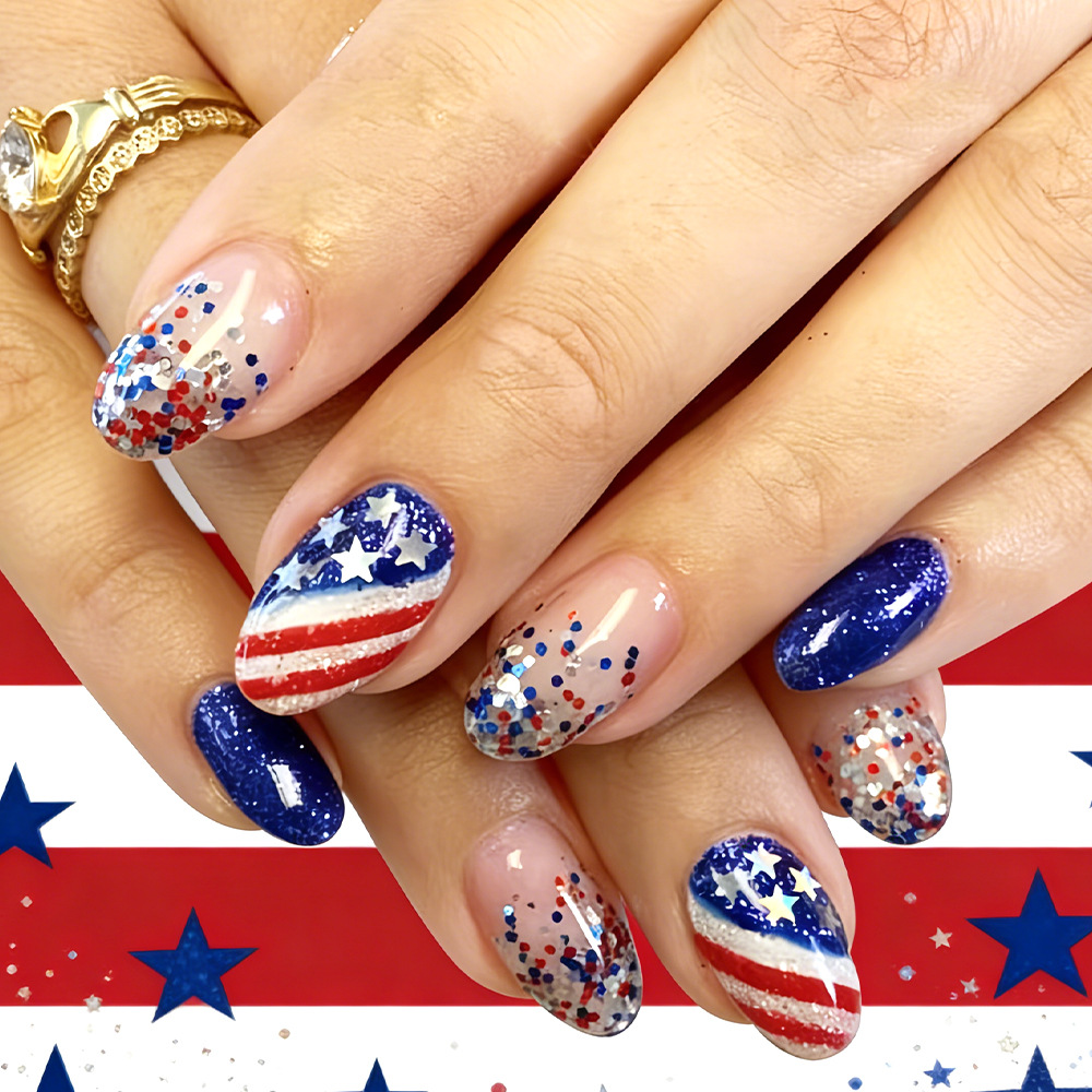 Independence Day Wearable Nails American Red and White Striped Star Sequin Rhinestone Nail Art 24-Piece Fake Nail Set Wholesale