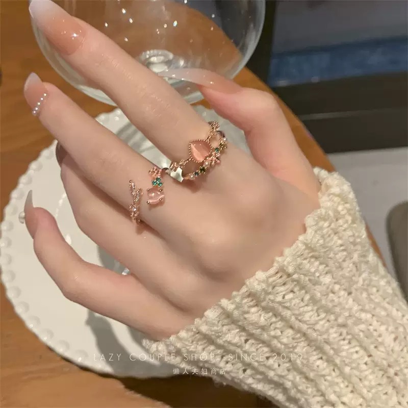 Girl's Pink Heart-Shaped Cat's Eye Stone Double-Layered Stackable Ring, Women's Ins Fashion Style High-End Zircon Adjustable Ring